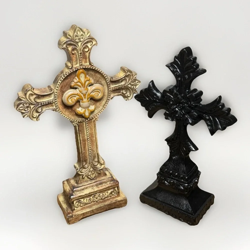 Heavy Distressed Fleur De Lis Cross Tabletop Accent Victorian Gothic Lot Of 2
